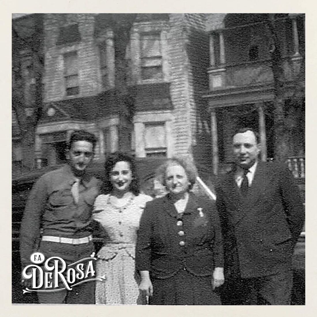 Newark, 1943: an eighteen-year-old Frank M. DeRosa in Army uniform with his sister Lillian and their parents, outside the family home and store on 4th Street