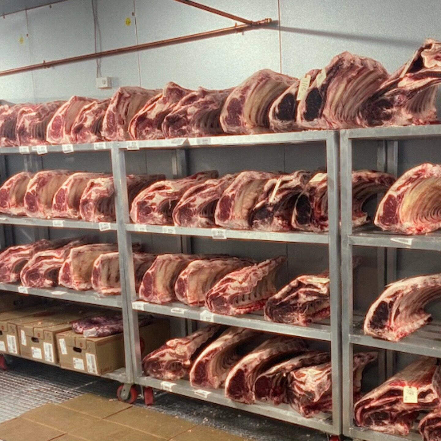 Racks of USDA Prime primals dry-aging in the F.A. DeRosa cooler