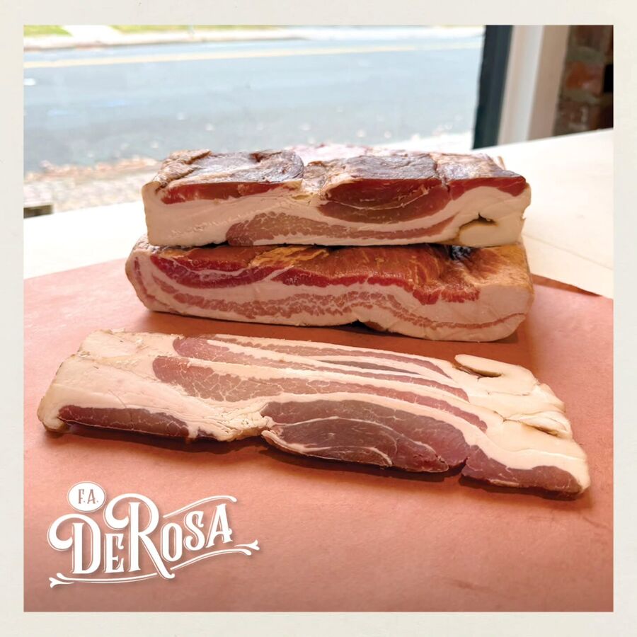 Hand-cut thick slab bacon, applewood smoked
